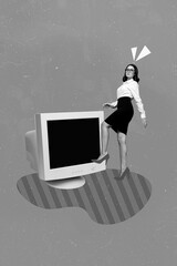 Poster - Vertical collage image of successful black white gamma girl walking big vintage pc monitor isolated on creative background
