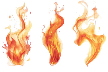 a series of orange flames are shown in various sizes and positions. on transparent background.