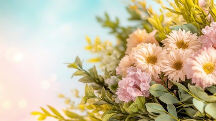 Canvas Print - Discover stunning close-up views of pastel flowers, showcasing vibrant pink, peach, and white blooms Each delicate petal is highlighted against a soft, blurred background While not An aerial view of