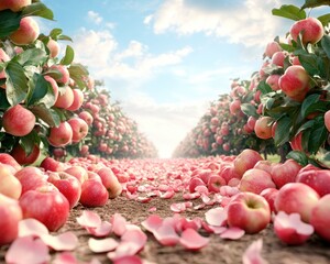 Poster - Discover the magic of a sunlit spring orchard, where apple trees in bloom release delicate petals on freshly tilled earth This idyllic scene captures nature's beauty, the soft breeze scattering