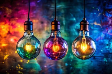 Poster - Double Exposure: Colorful Light Bulbs Hanging in Dark Room - Abstract Stock Photo