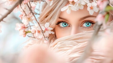 Poster - Experience springtime magic captured in cherry blossoms, their petals drifting effortlessly on the breeze, framing mesmerizing blue eyes with a touch of ethereal beauty and delicate pink blooms This