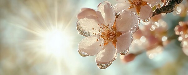 Canvas Print - Experience the delicate beauty of Spring blossoms transforming a natural landscape, their petals carried by a serene breeze across the sky, creating a picturesque scene Capture the essence of