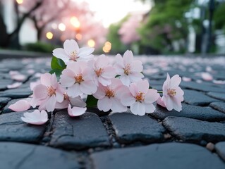 Canvas Print - Experience the gentle allure of spring with this captivating image, a tranquil close-up of cherry blossom petals scattered on a cobblestone path, exuding calm and simplicity The delicate pink blooms