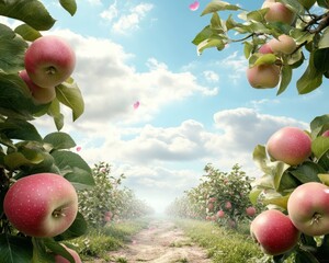 Canvas Print - Experience the magic of a sunlit spring orchard, where apple trees in bloom create a breathtaking scene A soft breeze gently scatters delicate petals over the freshly tilled earth, a true testament