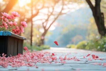 Canvas Print - Experience the magic of nature with bright, colorful blooms scattered along a path, where soft breeze makes the petals shimmer in sunlight This image captures the delicate dance of petals falling