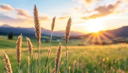 Canvas Print - Experience the serene beauty of a Spring meadow at sunrise, where fresh dew is shimmering on the blades of grass, the entire world bathed in soft pastel pinks and oranges Witness golden hour magic as