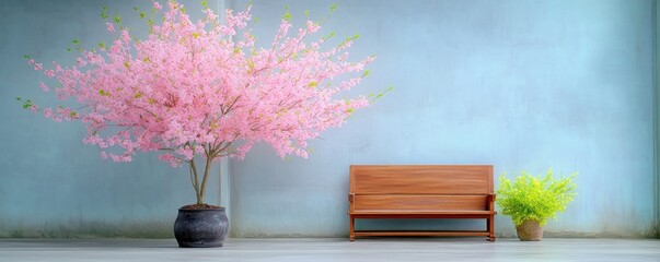 Canvas Print - Experience the tranquility of nature with a solitary tree in full bloom with its pink blossoms gently swaying in the breeze, a captivating scene enhanced by a wooden bench and a potted plant against