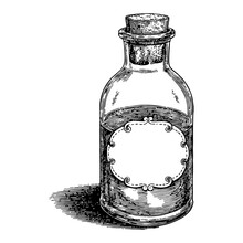 Potion Bottle with Label in Detailed Black and White Outline Line Art Drawing