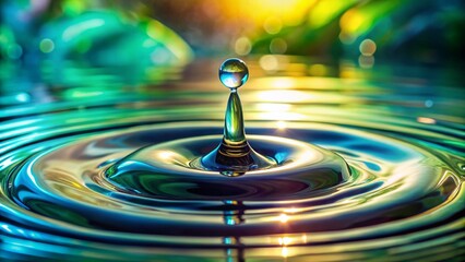 Poster - Double Exposure: Water Drop Impact, Abstract Liquid Art, Blue & Green Hues