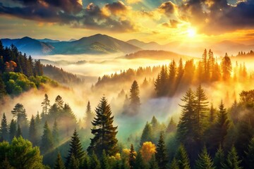 Poster - Double Exposure Nature Landscape: Sunlit Trees and Misty Mountains