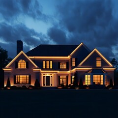 A house lit with dynamic outdoor lighting synced to a smartphone app.