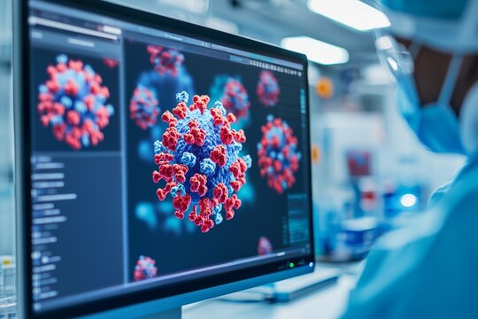 Efficiency distribution vaccine concept. Digital rendering of a virus on a laboratory computer screen.