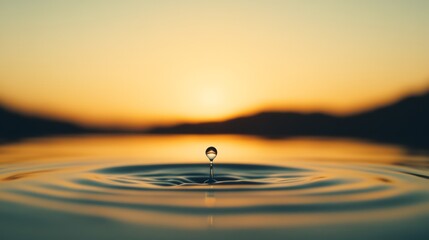 Poster - Single drop of water falling gracefully into a tranquil lake at sunset, creating ripples that reflect the warm golden hues of the evening sky, enhancing the serene beauty of nature
