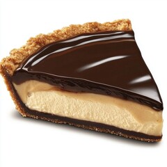 Wall Mural - Delicious slice of chocolate cream pie with smooth filling and crunchy crust on white background