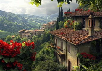 Wall Mural - Tuscany, Italy, with red geraniums and greenery overlooking the small town