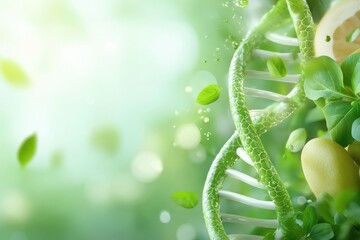 Organic farm produce intertwined with vibrant dna strands nature graphic art green environment close-up organic innovation