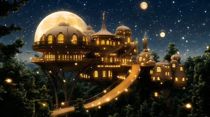 Poster - A whimsical treehouse illuminated at night, surrounded by trees under a starry sky and a large glowing moon