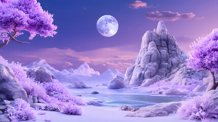 Poster - A serene landscape featuring purple trees, a moonlit sky, and majestic mountains reflecting in a calm body of water