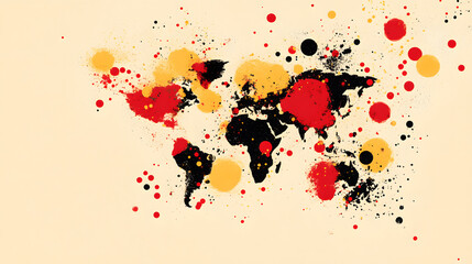 Poster - A colorful abstract map of the world featuring splashes of red, yellow, and black on a light background, conveying a vibrant artistic representation of geography
