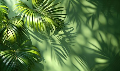 Wall Mural - tropical palm leaves with shadow on green background