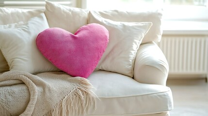 Sticker - Comfortable white sofa styled with a pink heart-shaped pillow and beige blanket in a sunny room.