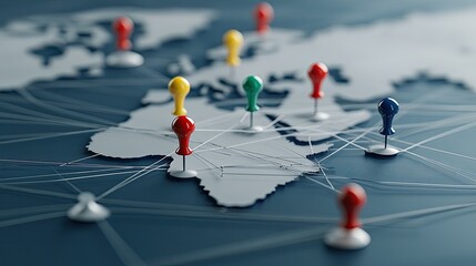 Poster - colored pins on a world map create an abstract representation of global connections, highlighting ne