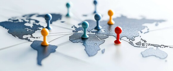 Poster - Colored pins on a world map create an abstract representation of global connections, highlighting networking and community in technology.