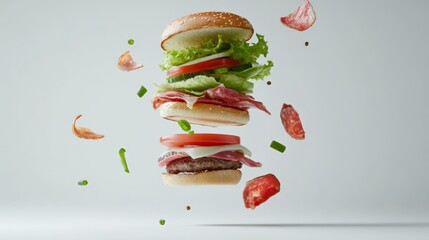 Poster - Tasty burger exploding with many ingredients such as lettuce, tomato, salami, cucumber, cheese, bacon and pepper levitating on gray background