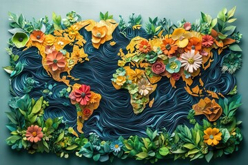 Wall Mural - eco-friendly paper art world map collage with sustainable development icons and environmental messag