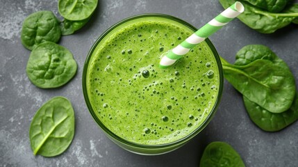 Wall Mural - Top view of a green smoothie in a glass with spinach leaves.