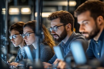 A group of professionals wearing glasses work intently at their computers in a high-tech, modern office. 