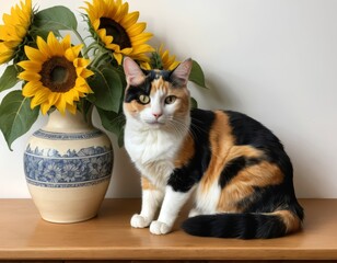 Wall Mural - Calico Cat Posing Gracefully Next to a Vase of Sunflowers