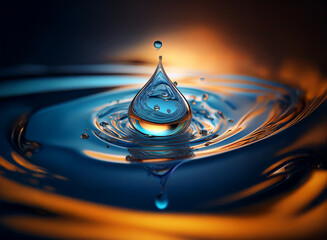 Fototapete - A single water droplet impacts a still surface, creating concentric ripples and a warm, golden reflection.  The scene is dramatically lit, emphasizing the droplet's translucence.