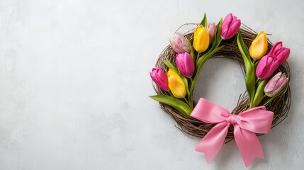 Canvas Print - Minimalistic composition of a willow wreath with colorful tulips and a pink bow, photographed from above on a clean, light backdrop.