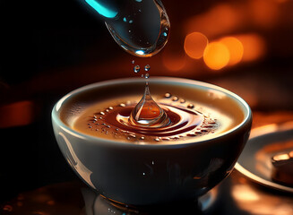Poster - A single drop of translucent liquid falls into a bowl of creamy brown liquid, creating ripples. Warm, amber background lights highlight the scene.
