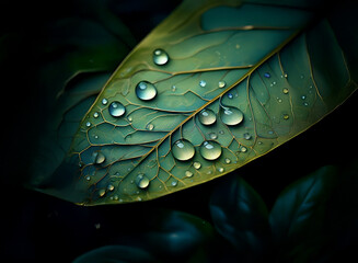 Poster - Close-up of a leaf, glistening with dew drops.  Dark, moody tones highlight the leaf's intricate vein structure.  The contrast between light and shadow creates a dramatic effect.