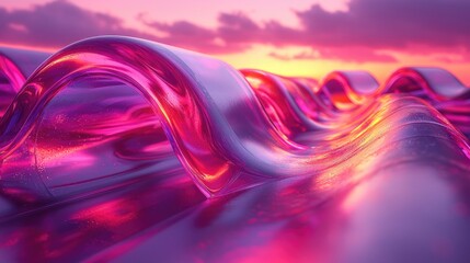 Wall Mural - Abstract Pink and Purple Waves at Sunset: Vibrant Digital Art, Fluid Design, Glossy Texture, Colorful Background Image