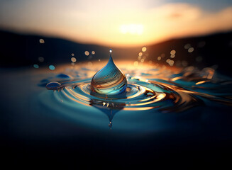 Poster - A single water droplet, iridescent and translucent, hangs suspended above the surface of still water, creating concentric ripples at sunset. The warm light backlights the droplet, highlighting its tra