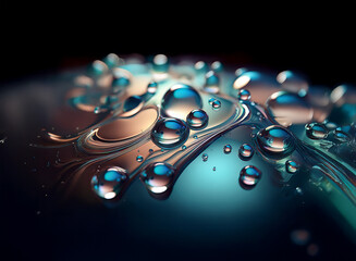 Poster - Intricate swirls of dark teal and bronze reflect light, adorned with glistening water droplets of varying sizes.  The contrast between the smooth, curved surface and the spherical drops creates a capt