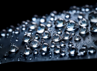 Aufkleber - Close-up of water droplets on a dark surface, glistening and reflecting light.  The image showcases the texture and translucency of the water.