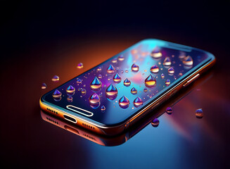 Aufkleber - A sleek smartphone rests on a reflective surface, adorned with numerous water droplets showcasing its water-resistant screen protector.  The vibrant, colorful lighting enhances the visual appeal.
