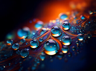 Aufkleber - Macro photograph showcasing vibrant blue and orange water droplets on a dark, patterned surface.  The droplets exhibit captivating reflections and refractions of light.