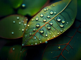 Poster - Close-up of lush green leaves glistening with morning dew.  The vibrant colors and water droplets create a serene, natural scene.