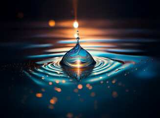Poster - A water droplet creates concentric ripples on a dark blue surface, reflecting a warm light source.  The scene evokes serenity and the beauty of nature's simple moments.