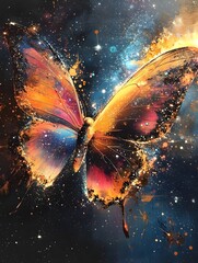 Wall Mural - a painting of a cosmic butterfly with wings made of galaxies and stars.