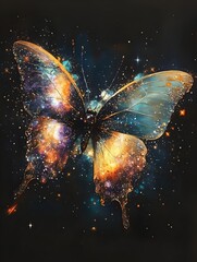 Wall Mural - a painting of a cosmic butterfly with wings made of galaxies and stars.