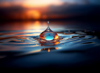 Poster - A single water droplet, suspended in time, creates ripples on a still surface. The background glows with a vibrant sunset.  The colors are warm and inviting.