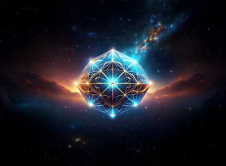 Poster - A luminous, geometric orb floats in a cosmic landscape, its intricate structure glowing against a backdrop of nebulae and distant mountains.  The scene evokes a sense of wonder and mystery.