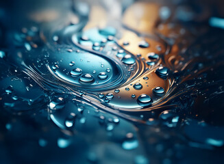 Poster - Intricate patterns of swirling liquid, glistening with vibrant teal and amber hues.  Water droplets cling to the surface, creating a mesmerizing abstract scene.